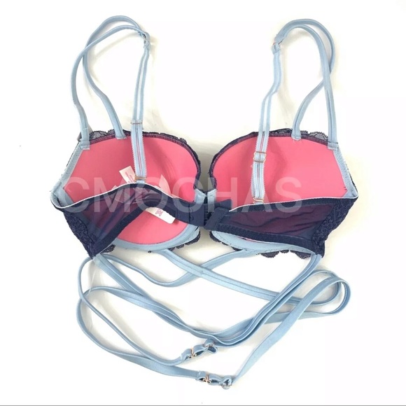 Victorias Secret PINK Date Push-up Strappy Wrap Body Padded Floral Blue Bra - Picture 3 of 3